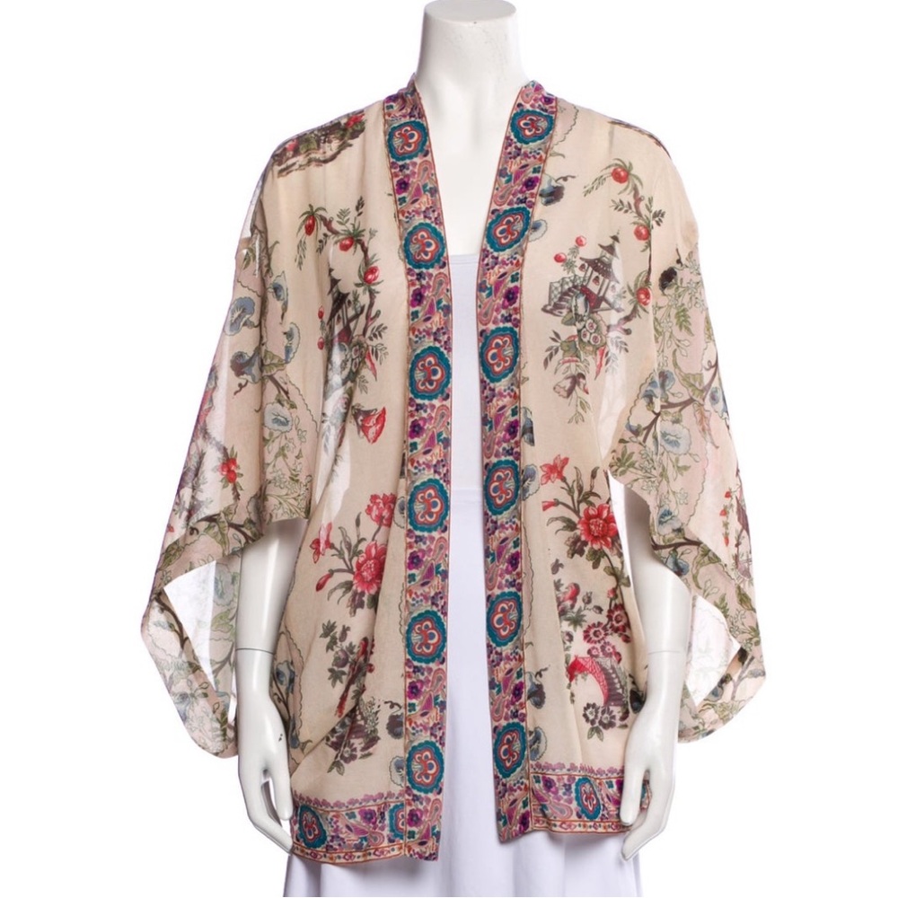 ANNA SUI Asian Floral BOHO Mixed Print Short Kimono Robe Cardigan P S NEW RARE!